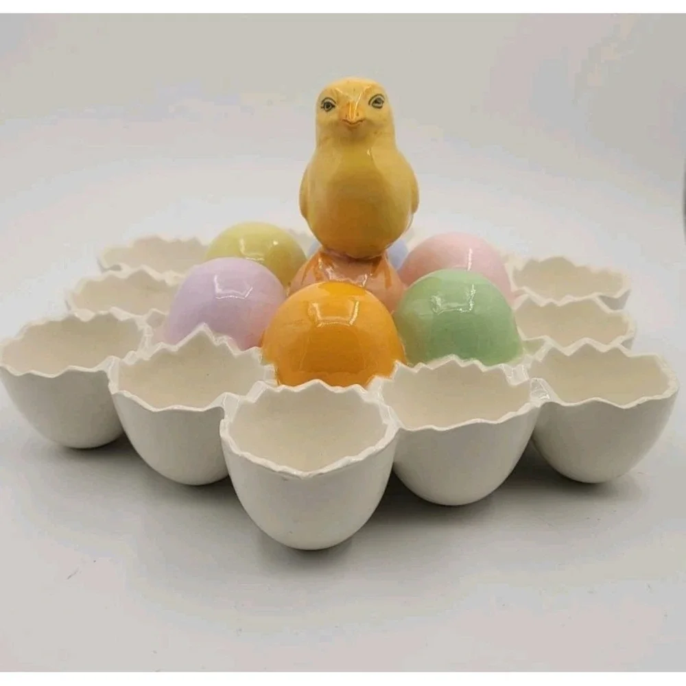 Vintage Easter Egg Ceremic Holder Chick With 12 Cracked‎ Egg Holders Deviled